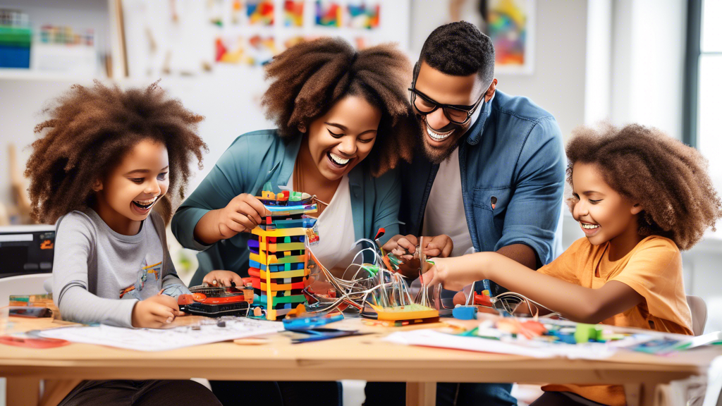 A family gathered around a table, laughing and working together on a STEAM (science, technology, engineering, art, and math) project. The table is covered with colorful materials, including building b