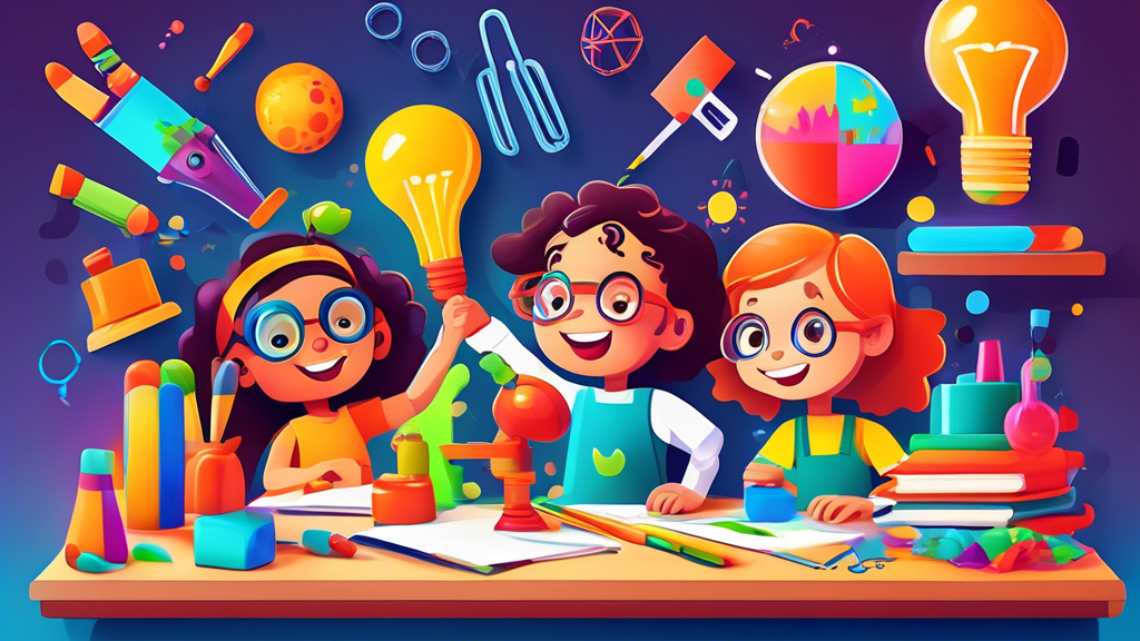 Create an image of a playful and colorful classroom setting where kids are actively engaging in hands-on learning activities such as building projects, experimenting with science tools, and working together on collaborative projects. The atmosphere s