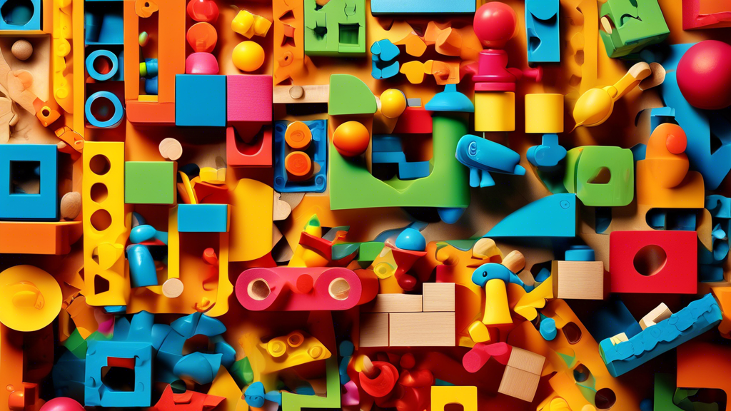 A vibrant and dynamic montage of toys designed to enhance visual-spatial skills, featuring building blocks of various shapes and colors, puzzles with intricate patterns, and interactive toys that enco
