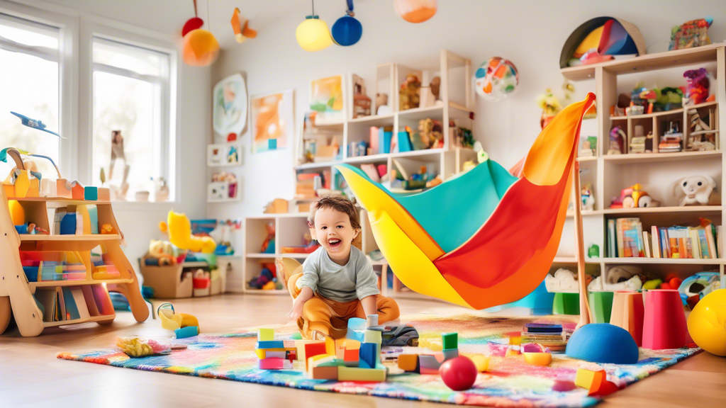 A colorful and imaginative playroom filled with toys, books, and learning materials, where a toddler is happily engaged in various activities that stimulate their cognitive, physical, and social devel