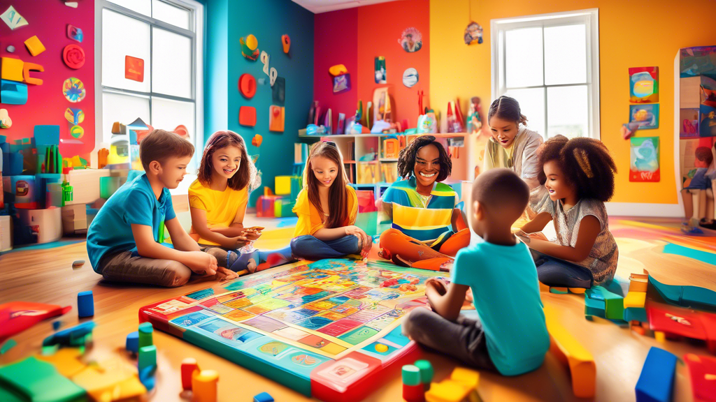 An imaginative and colorful classroom scene where children of all ages are playing various board games, puzzles, and building blocks that foster critical thinking skills. The room is filled with brigh