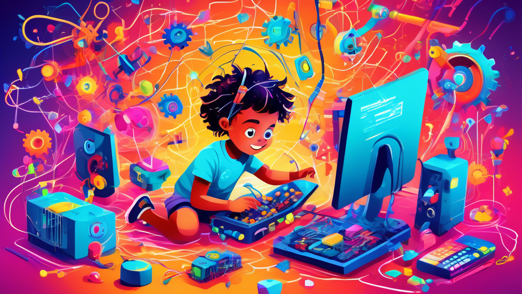 A vibrant and imaginative illustration of a child interacting with coding toys. The child is surrounded by colorful gears, wires, and microchips, all representing the playful and educational aspects o