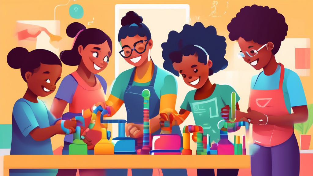 A colorful and engaging illustration of a diverse group of parents and children working together on hands-on STEAM activities in a home environment, showcasing the joy of learning and the importance o