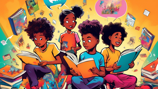 A diverse group of children reading graphic novels in a colorful and imaginative setting, with speech bubbles and illustrations bursting out of the books and into the air.
