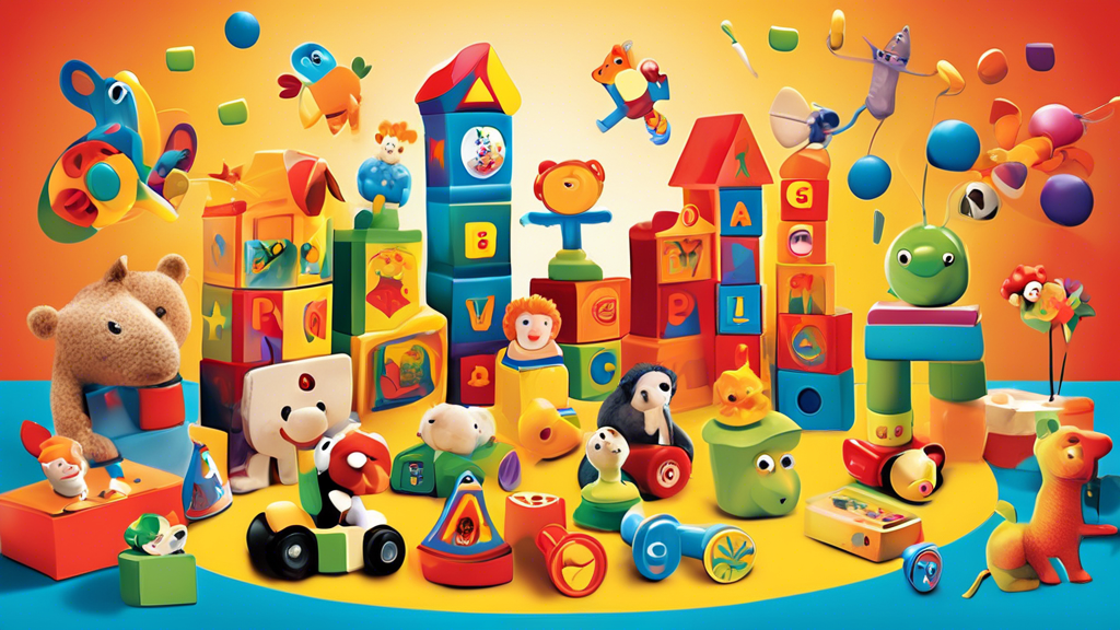 Create an image of a playful and colorful scene featuring a variety of educational toys designed to enhance language development in children. Include items such as alphabet blocks, storytelling puppets, flashcards, and interactive books, all arranged