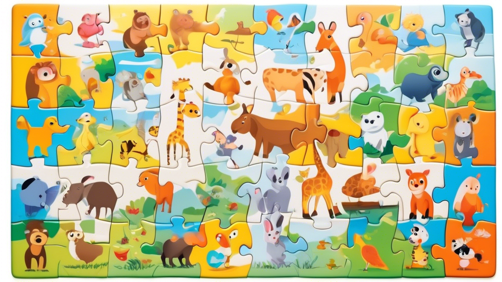 Create an image of a colorful puzzle filled with letters, numbers, and pictures of animals. The puzzle should be surrounded by a group of happy toddlers playing and solving the puzzle together. Each toddler should be holding a piece of the puzzle and