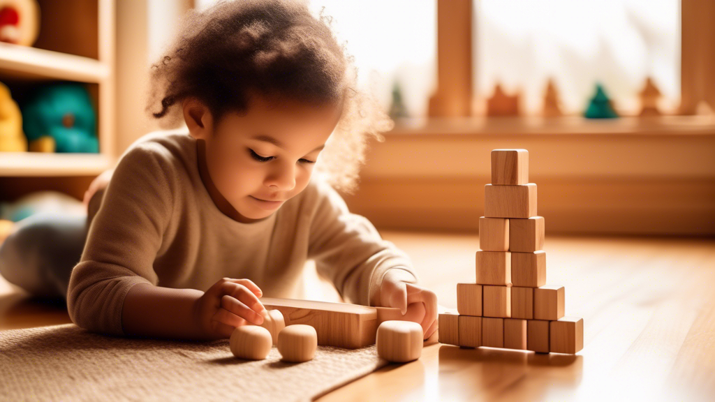 A cozy home setting with a child engaged in a Montessori-inspired wooden block building activity. Warm natural light pours in through the windows, illuminating a shelf lined with Waldorf-inspired natu