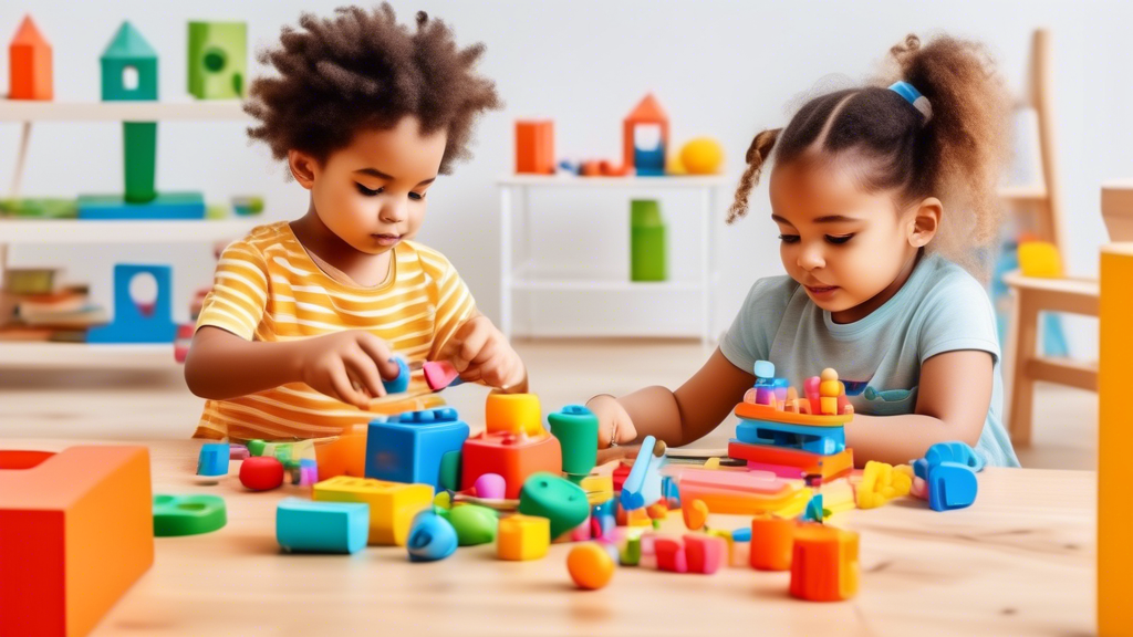 A colorful display of educational toys designed to enhance fine motor skills in a playful and stimulating environment, with children interacting with the toys in various ways, such as building, sortin