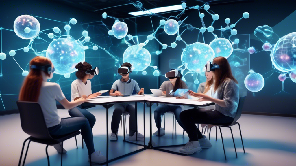 A group of students sitting in a virtual classroom, using tablets and laptops to interact with a 3D model of a molecule. The teacher, a holographic figure, is explaining the structure of the molecule.