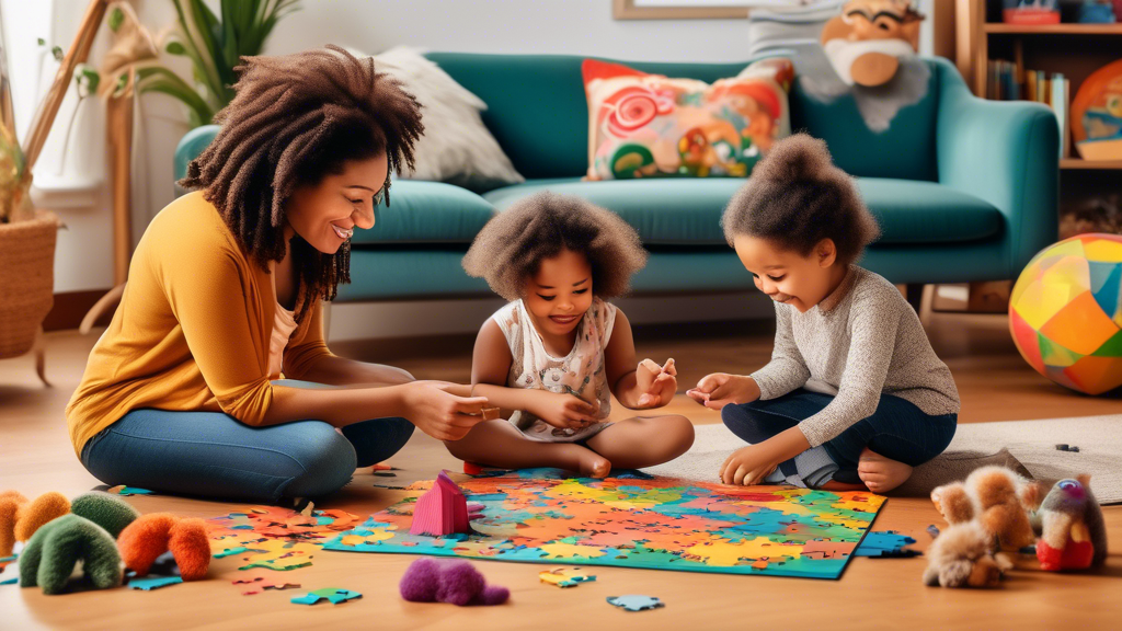A playful and engaging scene in a cozy home, showcasing diverse educational activities for preschoolers. In the foreground, a child and their parent are engaged in a puzzle on the floor, fostering pro