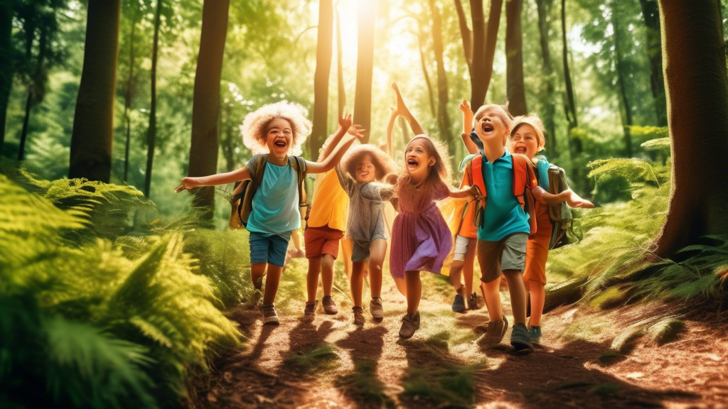 A group of excited children exploring a forest, surrounded by lush greenery, sunlight filtering through the trees, capturing the joy of hands-on learning and nature adventures.