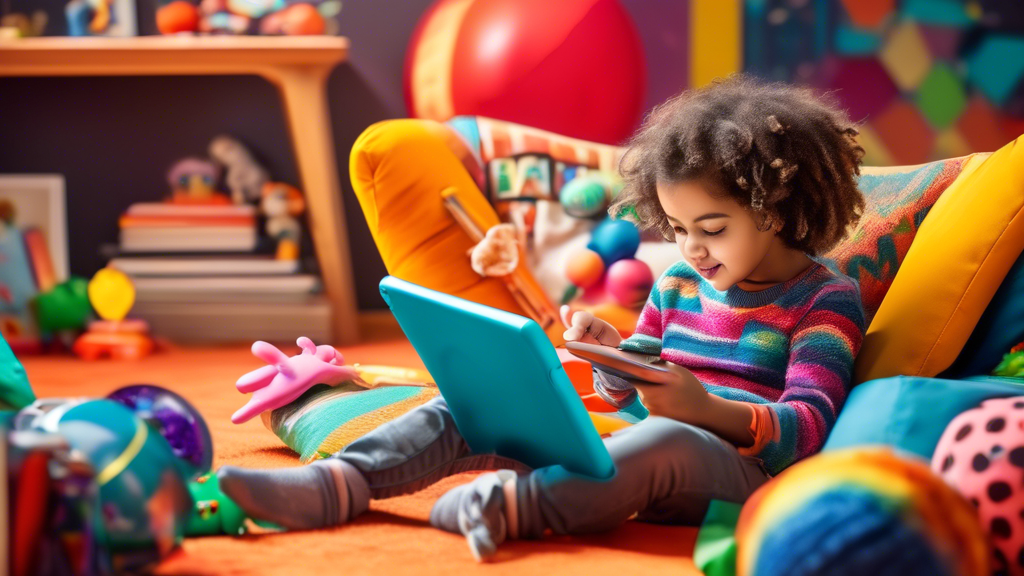 A child using a tablet with educational apps while sitting on a beanbag chair in a colorful and playful learning environment, surrounded by books and educational toys.