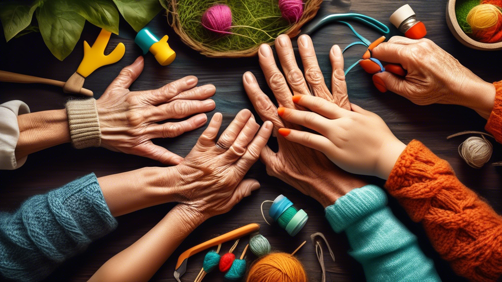 Three generations of hands engaged in different activities together, such as cooking, gardening, knitting, or playing games, to illustrate the bond between grandparents and grandchildren. The image sh