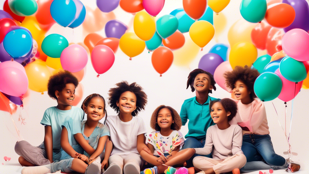 A diverse group of children of all ages sitting in a circle, holding hands and smiling, surrounded by colorful balloons and hearts, representing the concept of social-emotional learning and its empowe