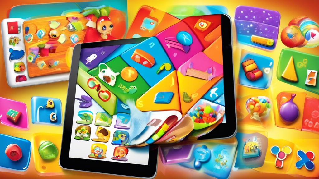 Create an image showcasing a variety of colorful and engaging educational apps displayed on a tablet screen, designed for toddlers and preschoolers. Include fun and interactive learning games, puzzles, shapes, and numbers to visually depict the conce