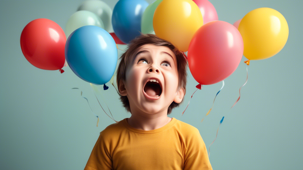 Create an image of a child surrounded by various emotions like happiness, sadness, anger, and surprise, with each emotion represented by a different colored balloon. The child is shown interacting with and expressing empathy towards each emotion, hig