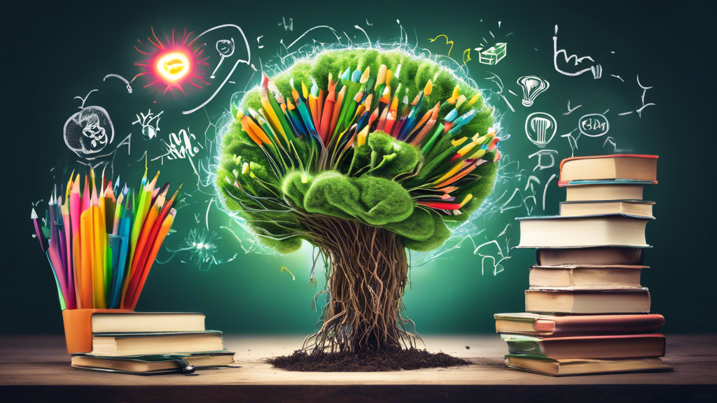 A growth mindset in academics, symbolized by a plant sprouting from a brain bursting with new ideas. The background should be a classroom environment, with books, pens, and a chalkboard.