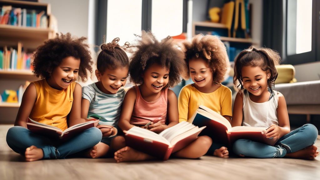 A group of young children sitting in a circle on the floor, reading books together. The children are all smiling and engaged in the activity.