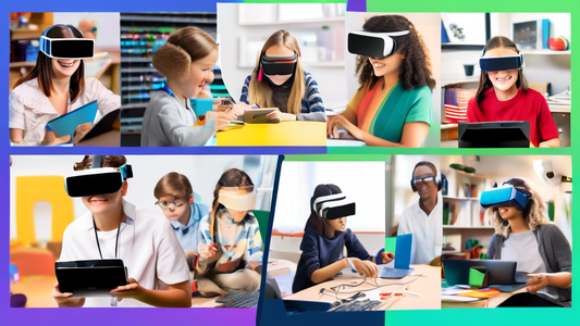 A collage of images depicting students and teachers engaged in virtual STEM workshops, with virtual reality headsets, laptops, and various STEM learning materials, conveying the interactive and immers
