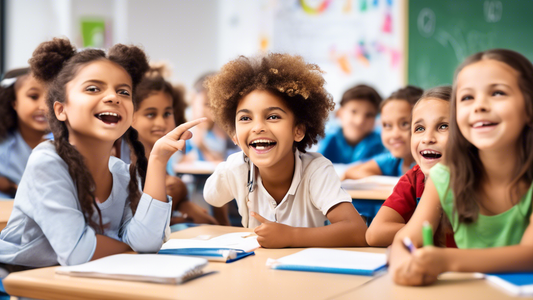 A group of children are sitting in a classroom, listening to their teacher. The teacher is pointing to a whiteboard, on which is written the phrase growth mindset. The children are all smiling and eng