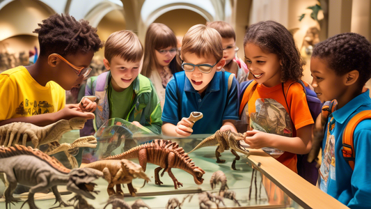 A group of excited children are exploring a natural history museum, with exhibits on dinosaurs, animals, and plants. They are all wearing colorful backpacks and have their hands full of magnifying gla