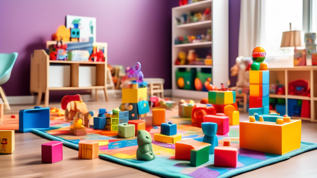 A collection of toys that encourage social interaction and cooperation among children, such as board games, building blocks, pretend play sets, and musical instruments, arranged in a colorful and invi