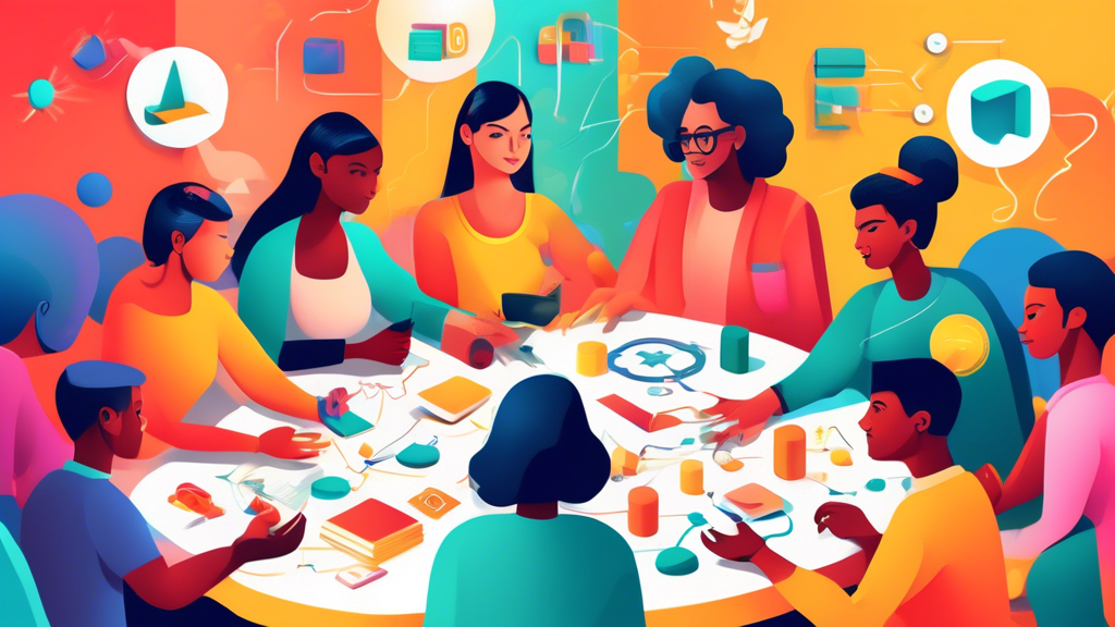 A colorful and engaging illustration depicting a diverse group of people playing a variety of critical thinking games together, fostering collaboration, problem-solving, and strategic decision-making.