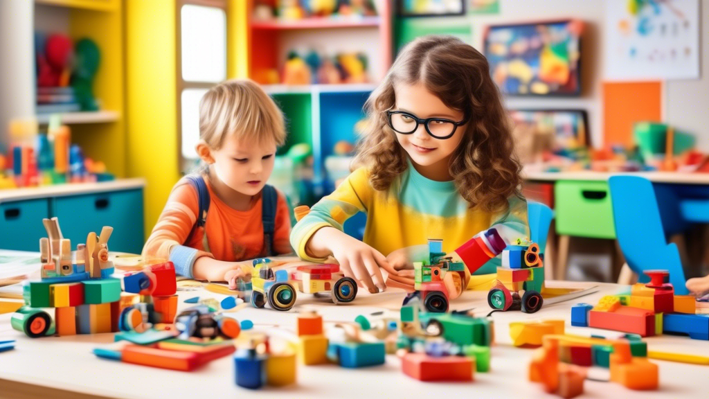 Create an image of a colorful and dynamic preschool classroom filled with hands-on STEM activities such as building blocks, magnifying glasses, miniature robots, and science experiment stations. The environment should be inviting and educational, sho