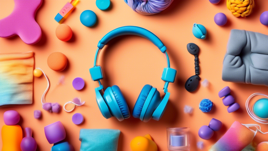 A colorful and imaginative scene featuring sensory tools that promote focus and attention, such as fidget toys, weighted blankets, noise-canceling headphones, and aromatherapy diffusers. The image sho