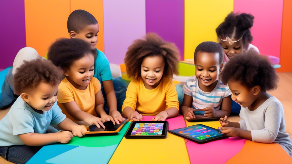 A diverse group of toddlers interacting with an array of colorful educational apps on tablets. The toddlers' faces express joy, curiosity, and engagement. The apps depict interactive puzzles, games, a