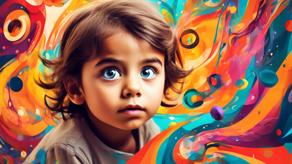 A young child with bright, wide eyes and an expression of intense curiosity, surrounded by swirling colors and shapes that evoke the boundless possibilities of knowledge and imagination.