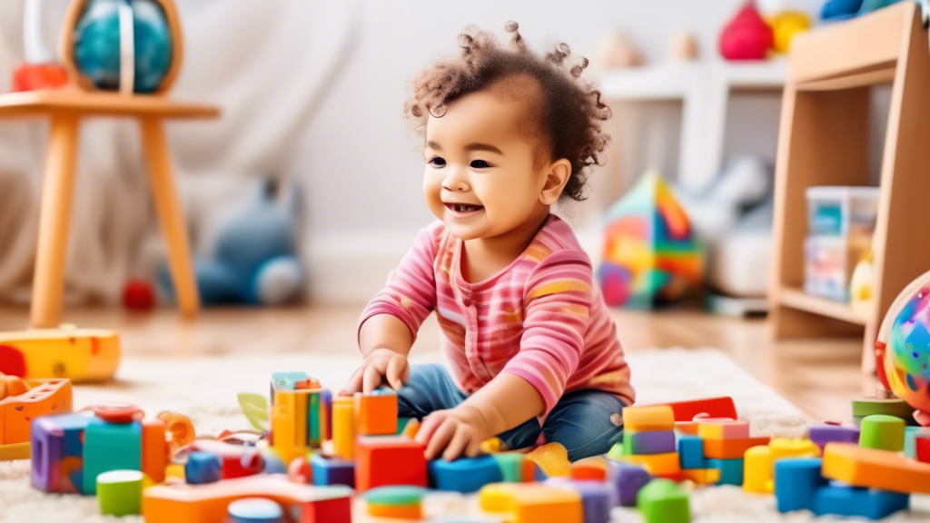 A toddler in a playroom surrounded by a variety of educational toys, such as blocks, puzzles, books, and musical instruments. The toddler is engaged in play and learning, exploring the toys and their 