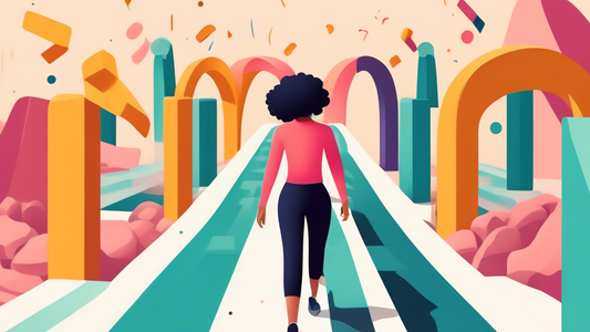 An image of a person happily and confidently walking through an obstacle course with a mindset shift, with various challenges represented as obstacles in the course, symbolizing embracing challenges f