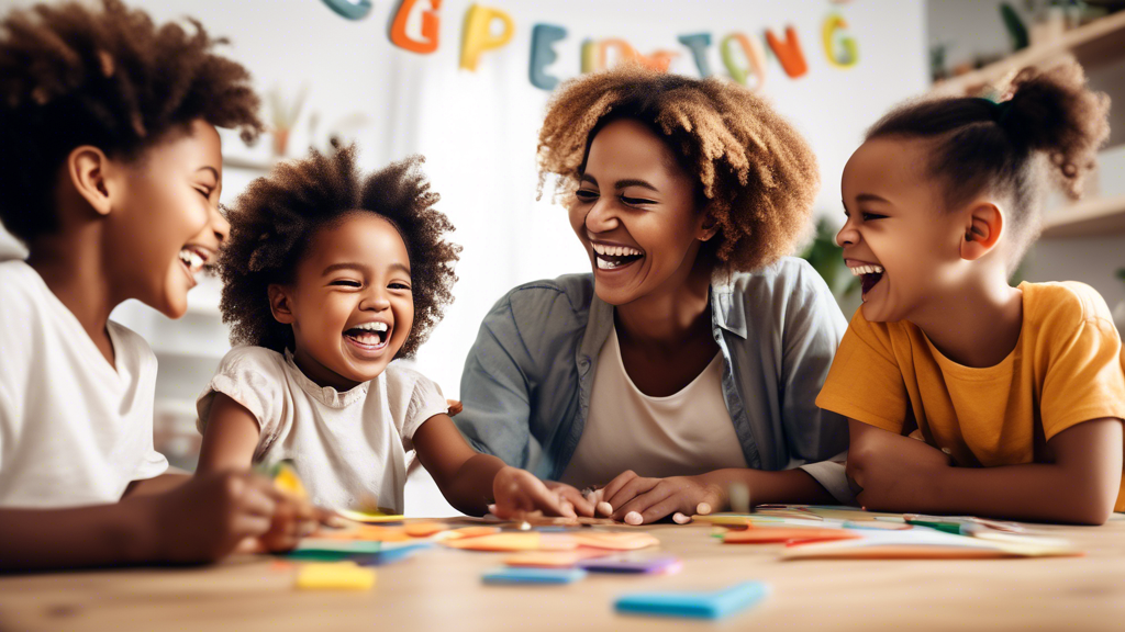 A group of parents and children are gathered around a table, laughing and learning together. The parents are actively involved in their children's education, and the children are thriving. The image s