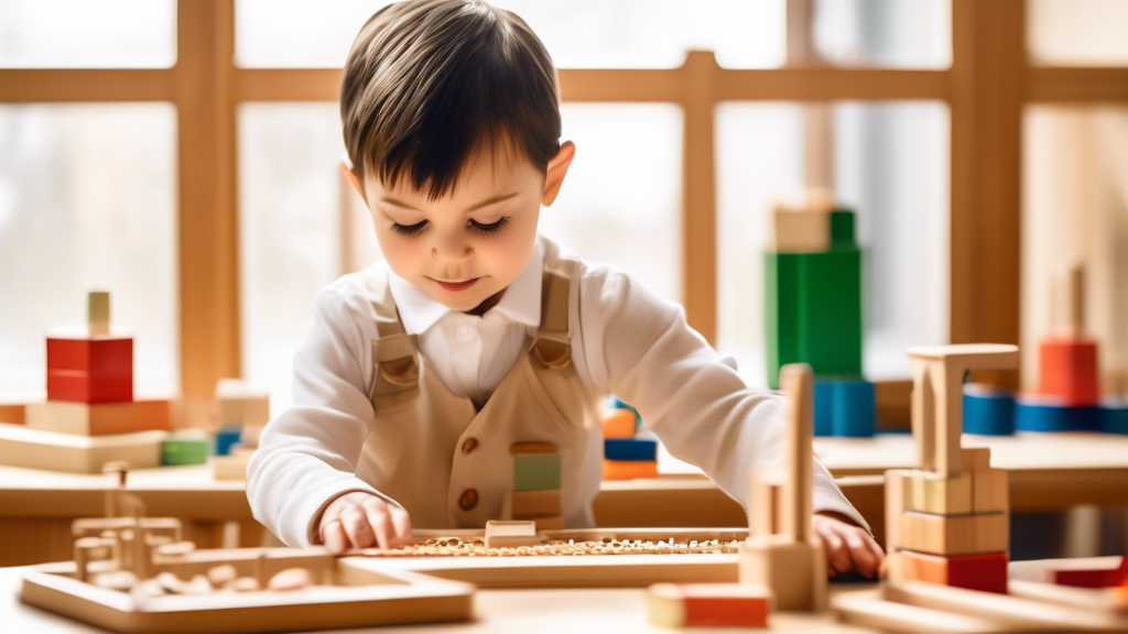 A child wearing a Montessori uniform engaged in hands-on learning activities in a Montessori environment. The environment is filled with natural light and wooden materials, and the child is surrounded