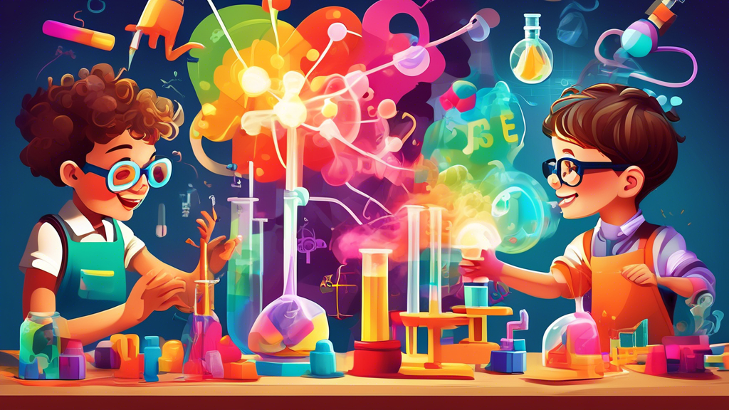 A colorful and playful scene depicting children of various ages engaging with STEAM (Science, Technology, Engineering, Art, and Math) toys. The toys should be interactive and imaginative, promoting ha