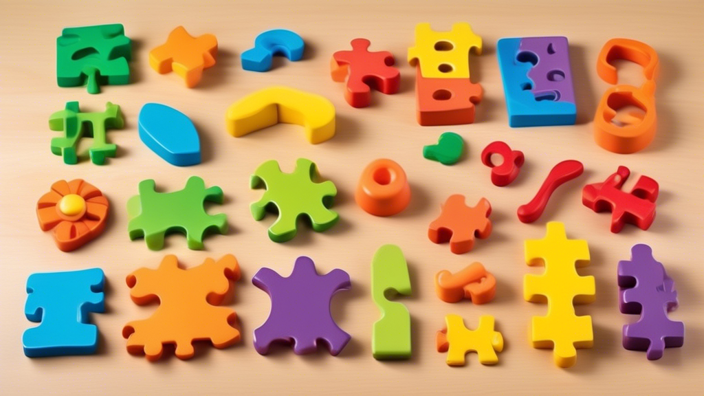 Create an image of a colorful array of different sensory puzzles, such as textured puzzles, shape sorting puzzles, and puzzles with different textures or sounds. Each puzzle should be engaging and visually stimulating, showcasing a variety of challen