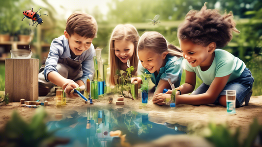 Photorealistic image of a group of children engaged in various outdoor STEM activities, such as examining bugs with magnifying glasses, building with blocks, and experimenting with water. The children