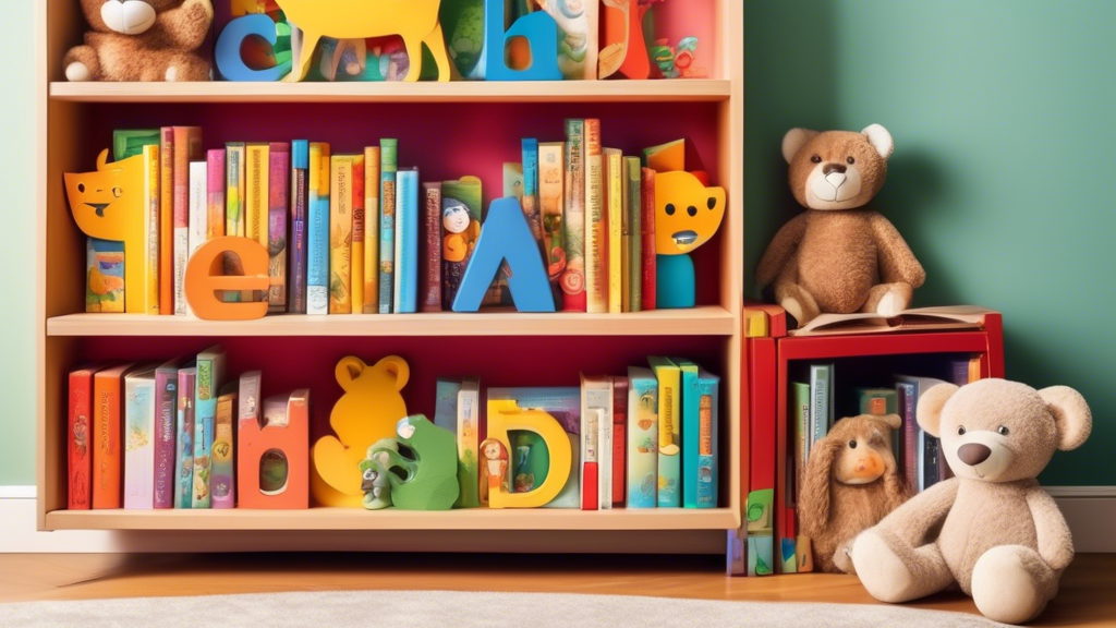 Create an image of a colorful, engaging children's bookshelf filled with a diverse selection of books ranging from classic fairytales to educational picture books, surrounded by playful alphabet blocks and a cozy reading nook with stuffed animals and