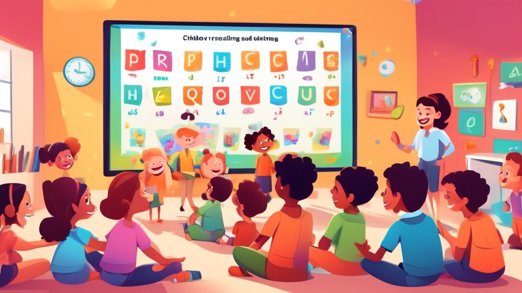 A group of children and their teacher are gathered around a large interactive screen in a classroom. The screen is displaying a colorful and engaging reading game. The children are smiling and laughin