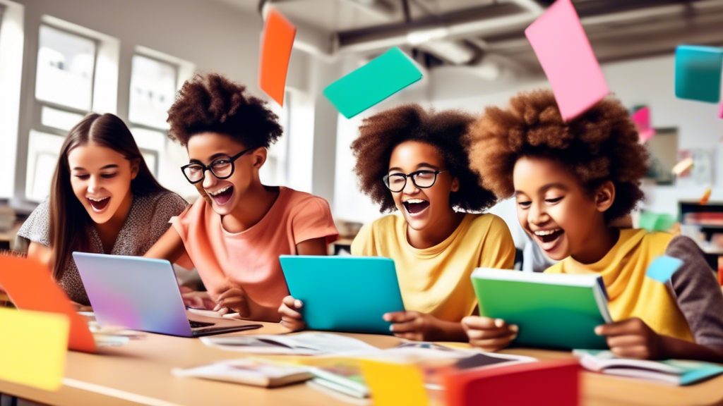 A group of excited students using reading comprehension apps on their laptops, with books and other learning materials scattered around them, in a bright and modern classroom.