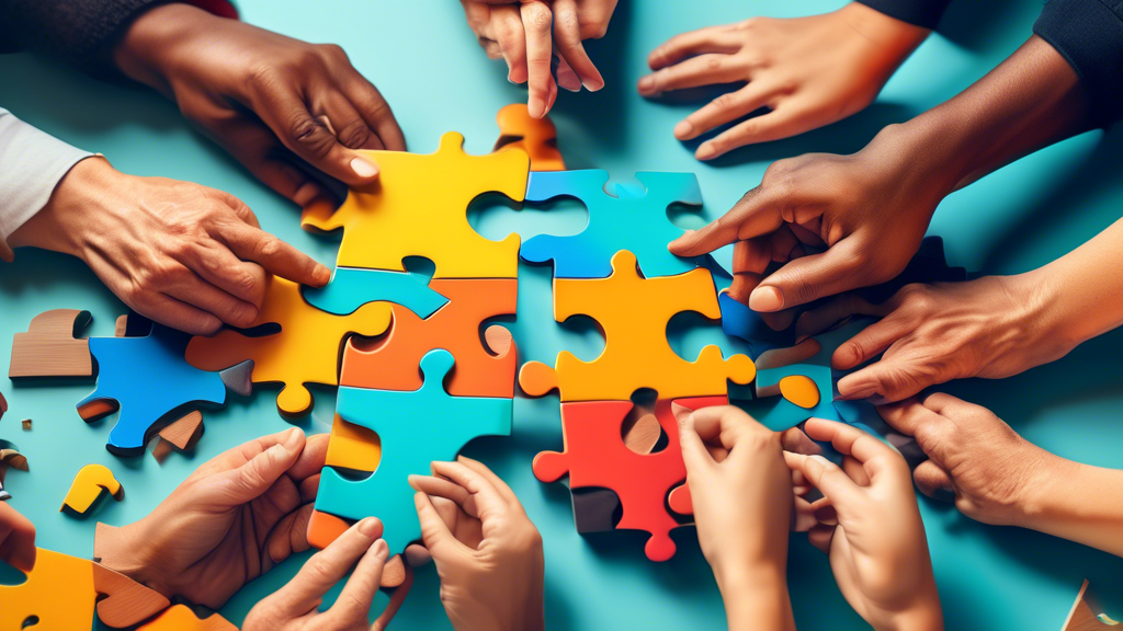 A group of people of various ages and backgrounds working together on a puzzle or brain teaser in a collaborative and supportive environment