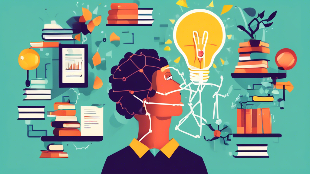 An image that depicts a person breaking free from chains, with a brain-shaped light bulb above their head, surrounded by books and growth charts, representing the unlocking of a growth mindset for eff