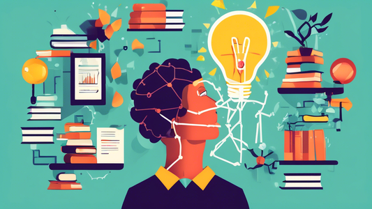An image that depicts a person breaking free from chains, with a brain-shaped light bulb above their head, surrounded by books and growth charts, representing the unlocking of a growth mindset for eff