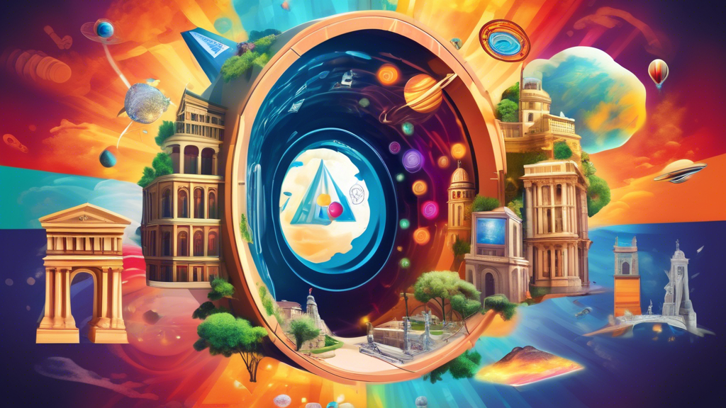 Create an image of a portal floating in the air, swirling with vivid colors and images that depict different educational destinations, such as historical landmarks, museums, and scientific labs. The p