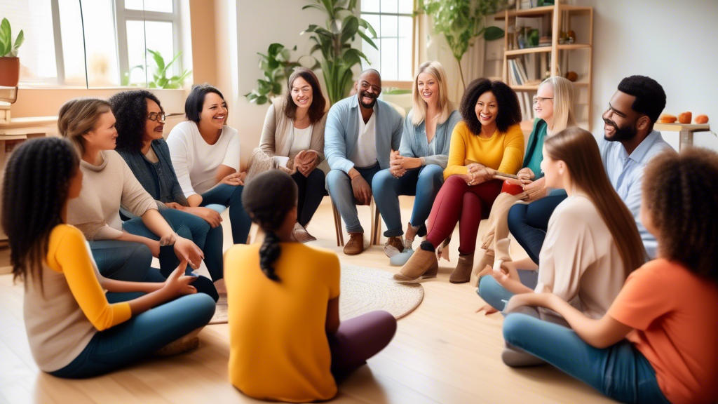 A photograph of a diverse group of parents and teachers sitting in a circle, smiling and engaged in a conversation. The image should convey the positive and collaborative relationship between parents 