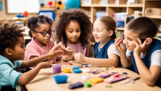 A classroom filled with children with special needs, using various senses to learn. Some children are using their sense of touch to feel different textures, while others are using their sense of smell