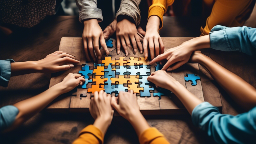 A group of people working together on a puzzle or building a structure, with their hands extended towards each other in a cooperative gesture. The image should convey a sense of teamwork, collaboratio
