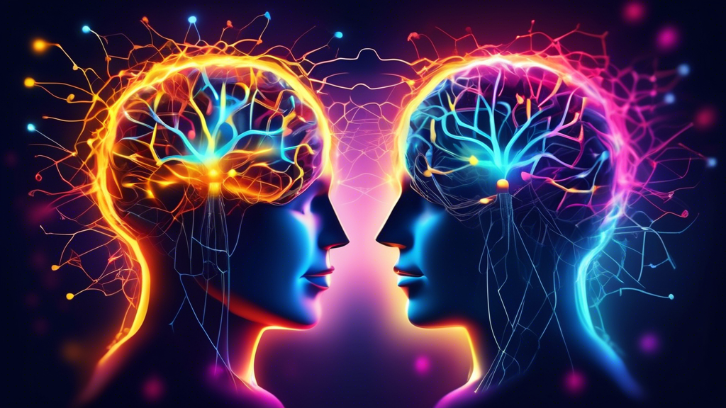 Create an image that represents the cognitive enhancements that can result from collaboration and partnership. Depict two or more individuals with interconnected brains, exchanging ideas and knowledge
