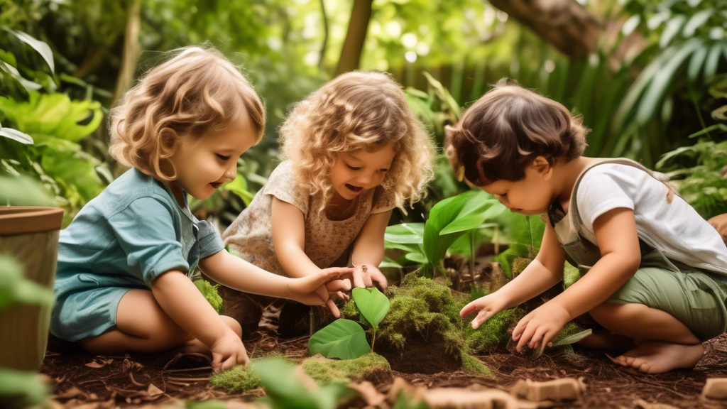 A group of toddlers exploring a lush, outdoor environment, discovering nature's wonders through hands-on activities and imaginative play. The image captures the joy and wonder of outdoor learning, wit